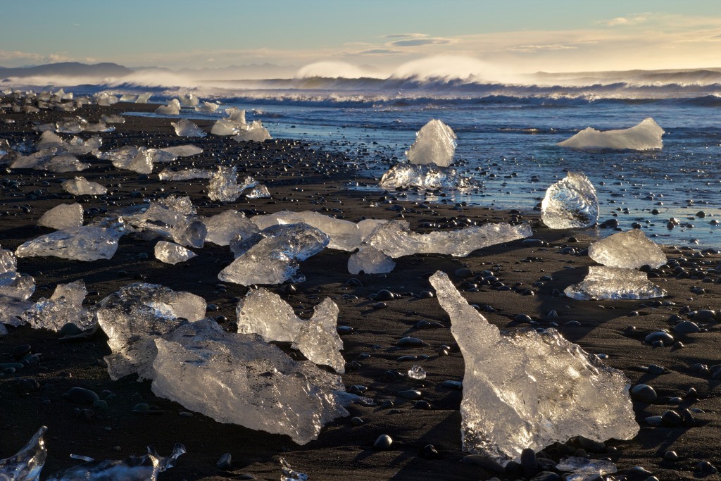 Icebergs on volcanic sand beach at Jokulsarlon, Iceland, Polar Regions